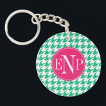 Modern Emerald Green Houndstooth Personalized Keychain<br><div class="desc">Modern stylish design featuring a emerald green and white houndstooth pattern. Personalize it with your name and monogram on the bright girly pink round frame. Luxury option for the trendy woman! Ideal for animal lovers ***PLEASE use the customize it orange button to change font size and style, you can also...</div>