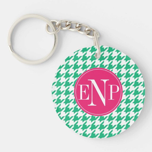 Modern Emerald Green Houndstooth Personalized Keychain (Front)