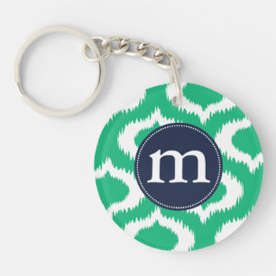 Modern Emerald Green Ikat Diamonds Personalized Keychain