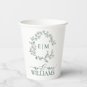 Modern Emerald Green Leafy Crest Monogram Wedding Paper Cups