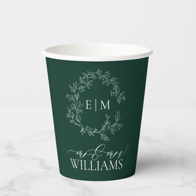 Modern Emerald Green Leafy Crest Monogram Wedding Paper Cups (Front)