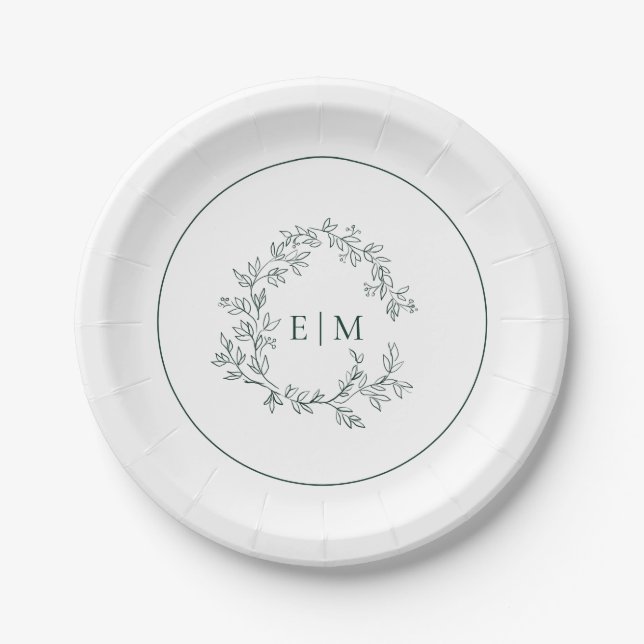 Modern Emerald Green Leafy Crest Monogram Wedding Paper Plate (Front)