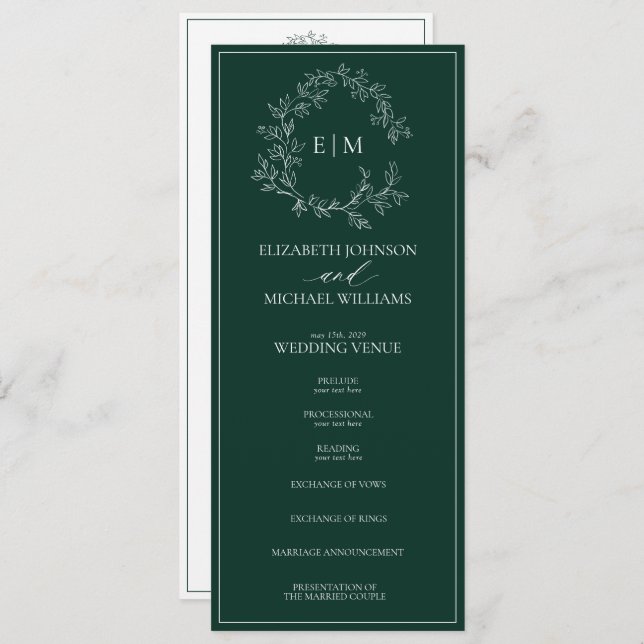 Modern Emerald Green Leafy Crest Monogram Wedding Program (Front/Back)