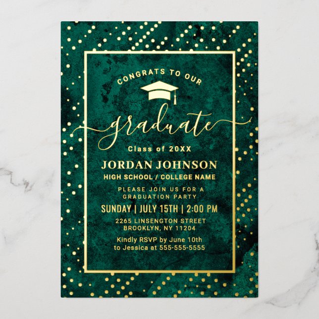 Modern Emerald Green Marble Graduation Party Gold (Front)