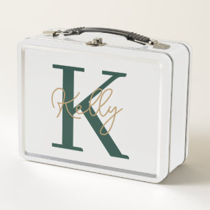 Modern Emerald Green Monogram Script Metal Lunch Box