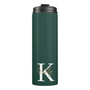 Modern Emerald Green Monogram Script Thermal Tumbler