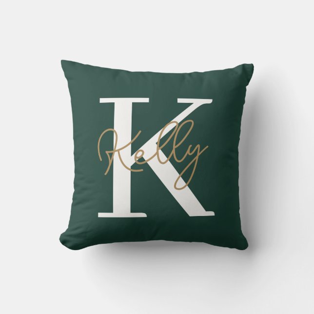 Modern Emerald Green Monogram Script Throw Pillow (Front)