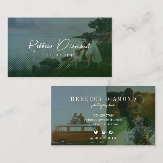 Modern Emerald Green Overlay 4 Photos Script Business Card (Front/Back)