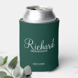 Modern Emerald Green Personalized Groomsman Can Cooler<br><div class="desc">Personalized Groomsman Gifts
featuring personalized groomsman's name in white modern script font style with title and wedding date in modern sans serif font style on emerald green background.

Also perfect for best man,  father of the bride,  bridesmaid,  maid of honour,  mother of the bride and more.</div>