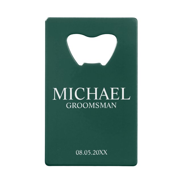 Modern Emerald Green Personalized Groomsman Credit Card Bottle Opener (Front)