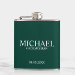 Modern Emerald Green Personalized Groomsman Hip Flask<br><div class="desc">Modern Personalized Groomsman Gifts
featuring personalized groomsman's name,  title and wedding date in white classic serif font style on emerald green background.

Also perfect for Best Man,  Father of the Bride and more.</div>