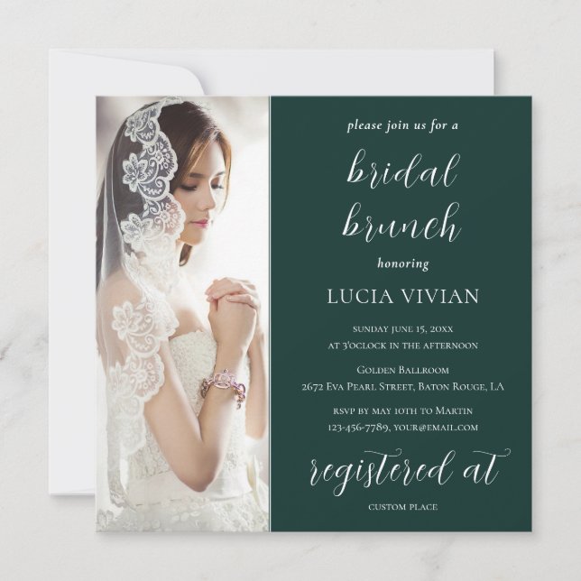 Modern Emerald Green Photo Bridal Shower Brunch Invitation (Front)