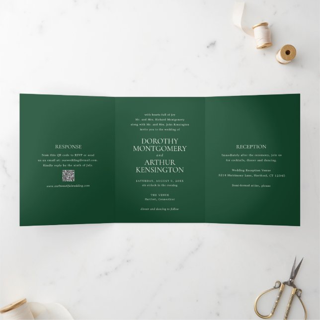 Modern Emerald Green QR Code Elegant Wedding Tri-Fold Invitation (Inside)