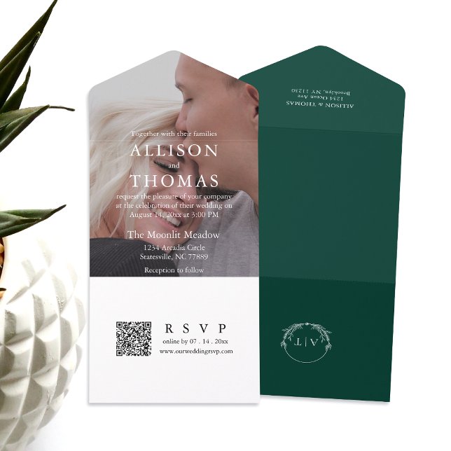 Modern Emerald Green QR Code Monogram Wedding All In One Invitation (Simplify your wedding with our all-in-one invitation – convenience and beauty in a single card.)