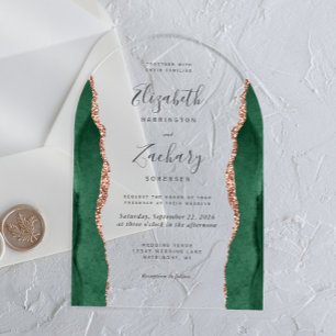 Modern Emerald Green Rose Gold Agate Wedding Arch Acrylic Invitations