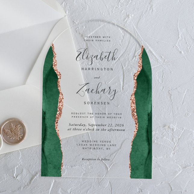Modern Emerald Green Rose Gold Agate Wedding Arch Acrylic Invitations (Creator Uploaded)