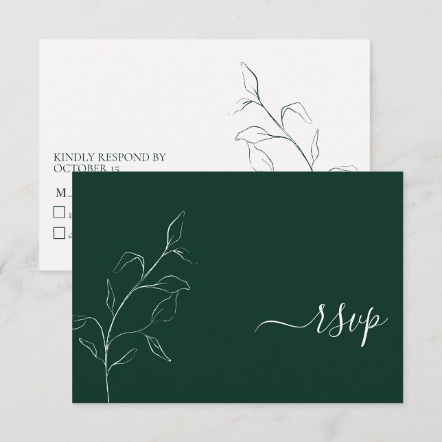 Modern Emerald Green Script Botanical No Menu RSVP (Front/Back)