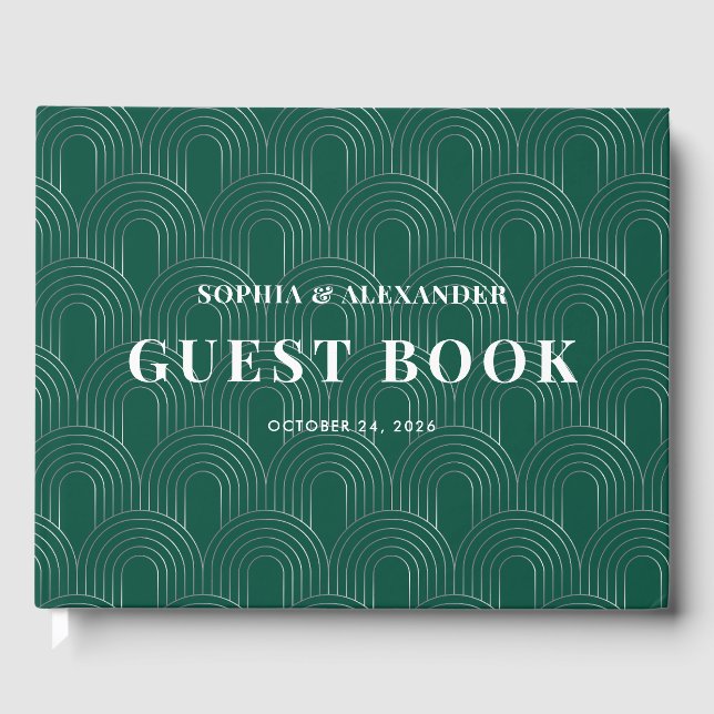 Modern Emerald Green & Silver Arch Guest Book (Front)
