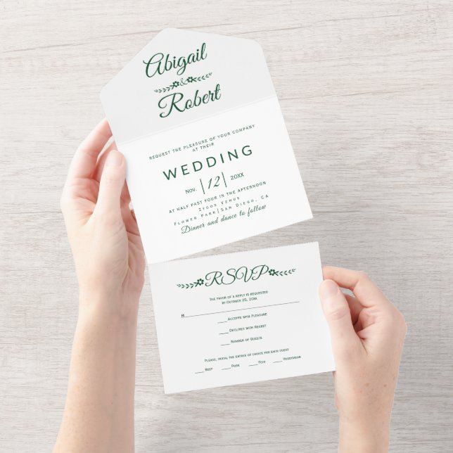 Modern emerald green typography on white wedding all in one invitation (Tearaway)