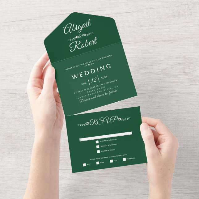 Modern emerald green, white typography wedding  all in one invitation (Tearaway)