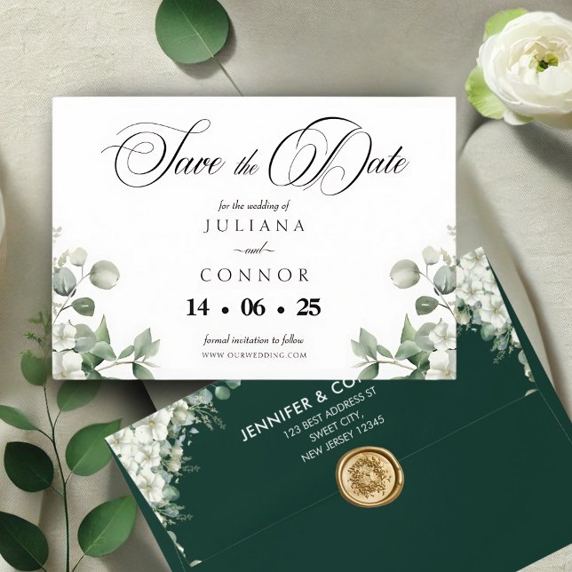 Modern Emerald Greenery Save The Date Card (Creator Uploaded)