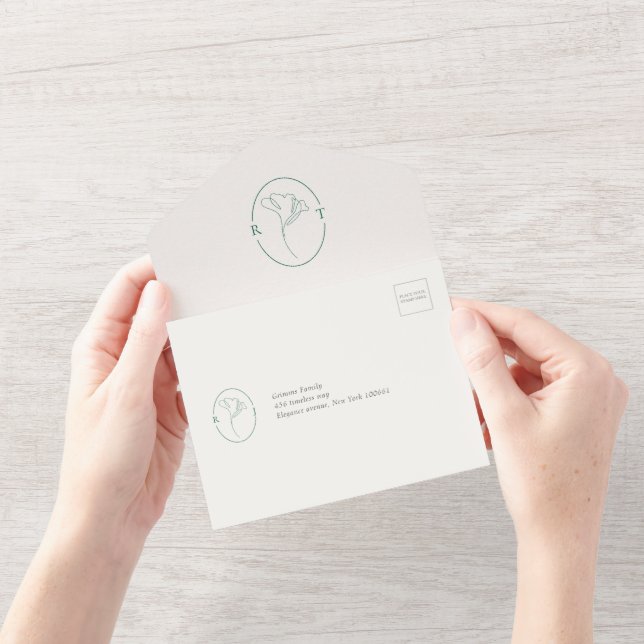 Modern Emerald Monogram  Script Wedding All In One Invitation (Opening)