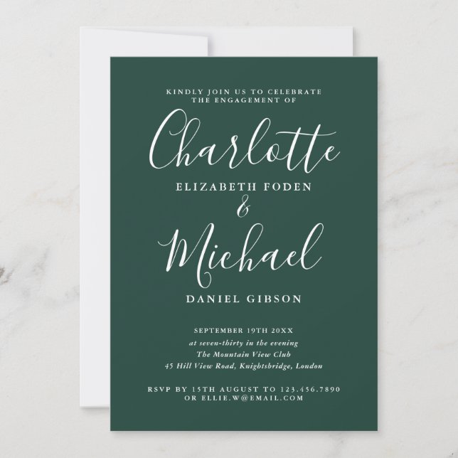 Modern Emerald Signature Script Engagement Party  Invitation (Front)