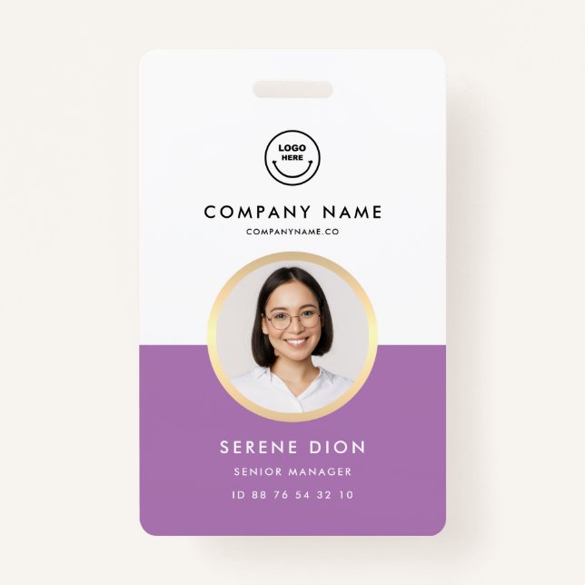 Modern Employee ID Custom Name Photo ID Purple Badge (Front)