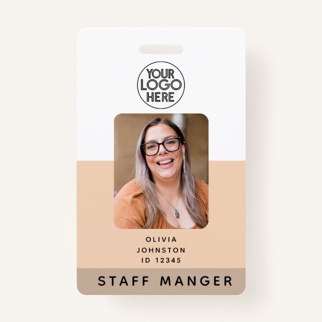 Modern Employee Photo ID Business Logo | Beige Badge (Front)
