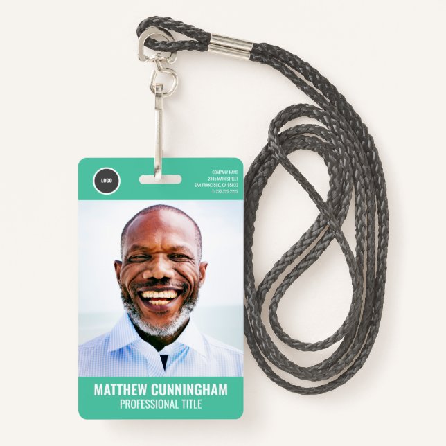 Modern Employee Photo Name Barcode Round Logo Badge (Front with Lanyard)
