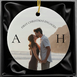 Modern Engagement 2 Photo First Christmas Engaged Ceramic Ornament