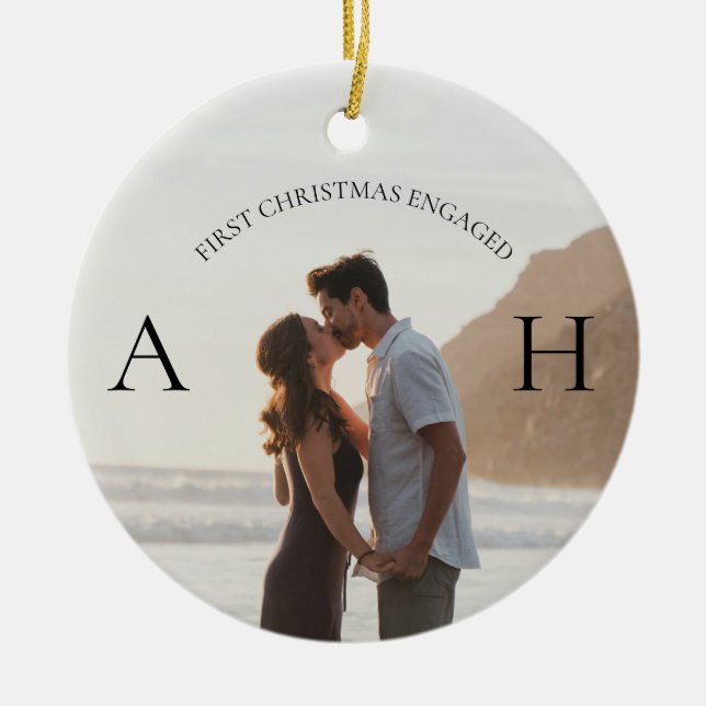 Modern Engagement 2 Photo First Christmas Engaged Ceramic Ornament (Front)