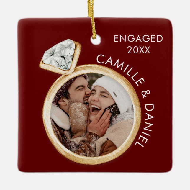 Modern Engagement Christmas Photo Ornament (Front)