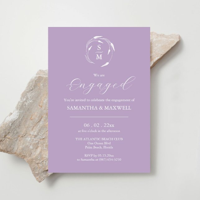 Modern Engagement Invitation Designs Lavender (Engagement invitations monogram minimalistic lavender line art by Victoria Grigaliunas )