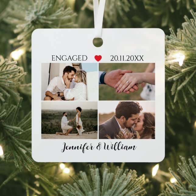 Modern Engagement keepsake Custom Photo Collage  Metal Ornament (Insitu)