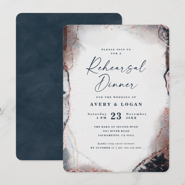 Modern Ethereal Navy Blue Wedding Rehearsal Dinner Invitation (Front/Back)