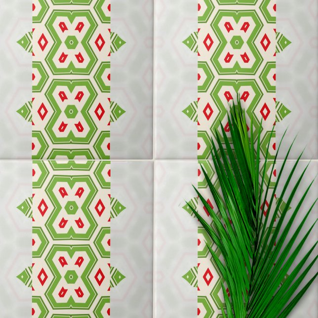 Modern Ethnic Green White Red Geometric Pattern Tile (Creator Uploaded)