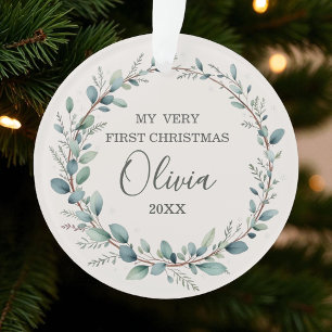 Modern Eucalyptus Baby First 1st Christmas Ornament