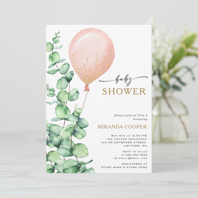 Modern Eucalyptus Balloon Baby Girl Shower  Invitation (Standing Front)