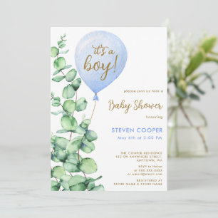 Modern Eucalyptus Balloon It's A Boy Baby Shower  Invitation