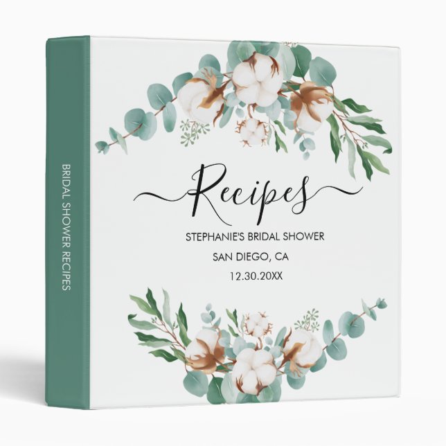Modern Eucalyptus Botanical Bridal Shower Recipe Binder (Front/Spine)