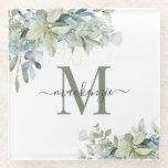 Modern Eucalyptus Botanical Floral Monogram Glass Coaster<br><div class="desc">Elegant Eucalyptus Botanical Floral Monogram Glass Coasters featuring our lovely sage eucalyptus green and dusty blue greenery and modern typography. Easy to customize with your information for a simply elegant coaster set. Please contact us at cedarandstring@gmail.com if you need assistance with the design or matching products.</div>