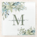 Modern Eucalyptus Botanical Floral Monogram Glass Coaster<br><div class="desc">Elegant Eucalyptus Botanical Floral Monogram Glass Coasters featuring our lovely sage eucalyptus green and dusty blue greenery and modern typography. Easy to customize with your information for a simply elegant coaster set. Please contact us at cedarandstring@gmail.com if you need assistance with the design or matching products.</div>
