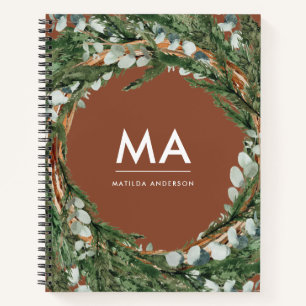 Modern eucalyptus botanical foliage wreath initial notebook