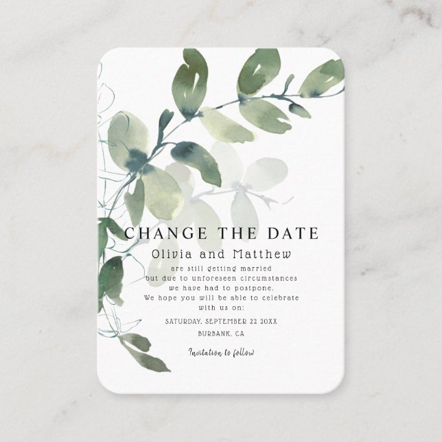 Modern Eucalyptus Change the Date Announcement (Front)