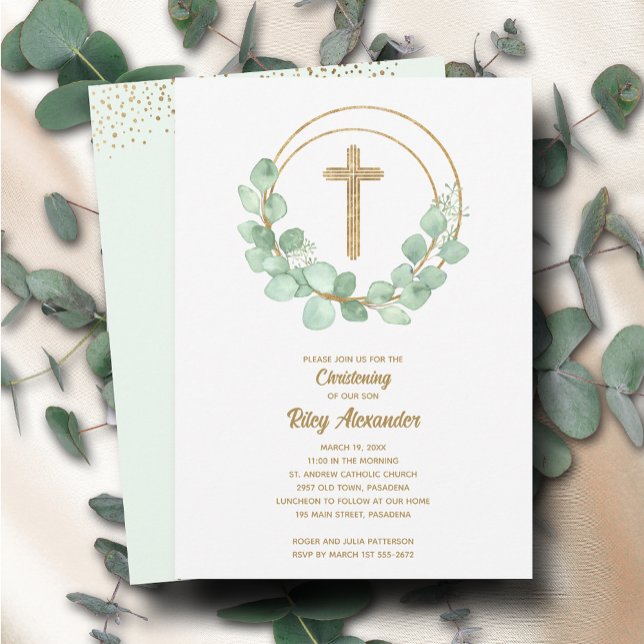 Modern Eucalyptus Christening Invitation (Creator Uploaded)