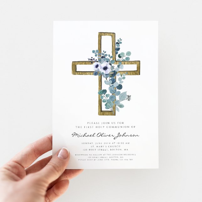 Modern Eucalyptus Cross Religious First Communion  Invitation (Modern Eucalyptus Cross Religious First Communion Invitation)