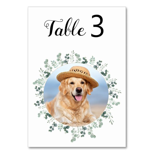 Modern Eucalyptus Custom Dog Photo Pet Wedding Tab Table Number (Front)