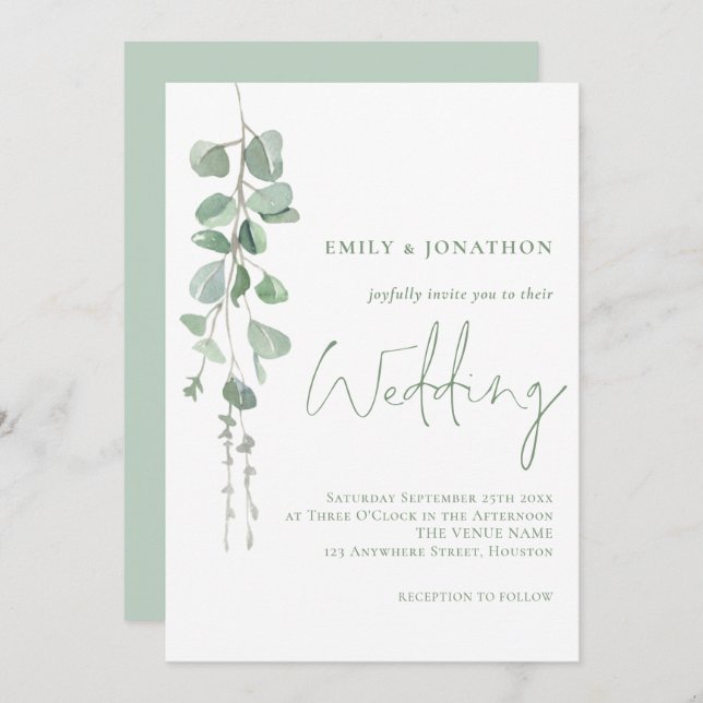 Modern Eucalyptus Elegant Sage Script Wedding Invitation (Front/Back)