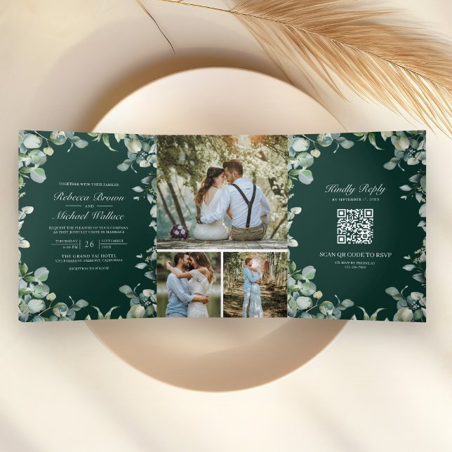 Modern Eucalyptus Emerald Green QR Code Wedding Tri-Fold Invitation (Creator Uploaded)